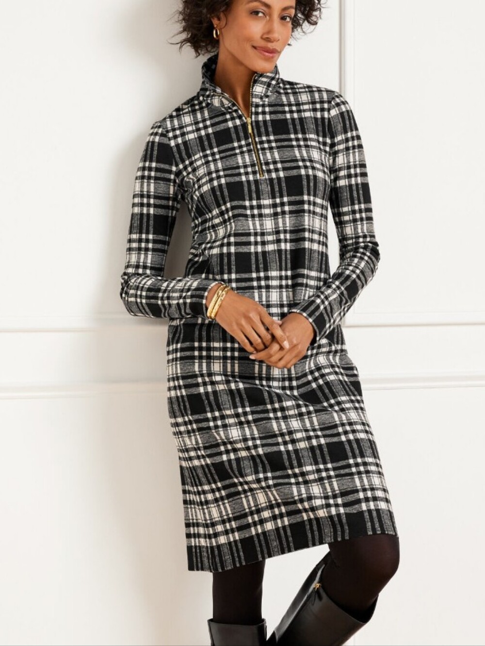 Black & White Plaid Zip-Neck Soft Half-Zip Shift Dress XL Prtite